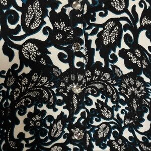 Corporate Goth Black White Damask Cardigan Sweater Crystal Buttons M